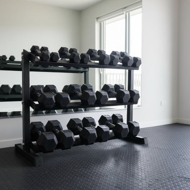 5-50LB Rubber Hex Dumbbell Set with Stand | Select Fitness Weights Select Fitness