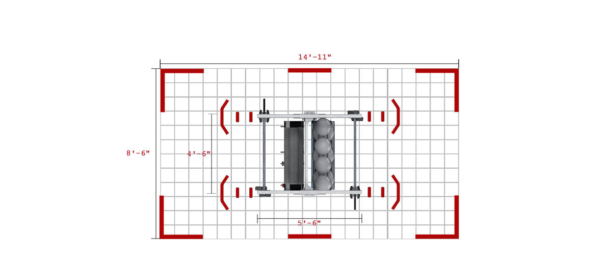 Gym Rax GR-SIBI-L footprint 5 ft 6 in x 4 ft 6 in and training area 14 ft 11 in x 8 ft 6 in