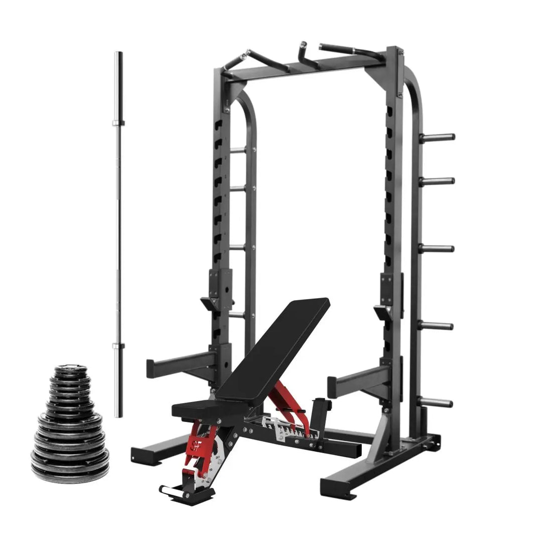 Select Fitness Commercial Half Rack Bundle Select Fitness SF Half Rack + 300lb Plate Set + Barbell + SF FIB-5 Adjustable Bench