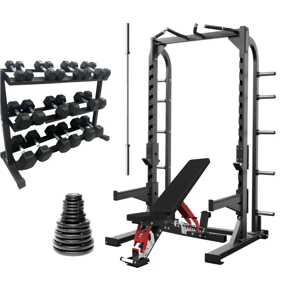 Select Fitness Commercial Half Rack Bundle Select Fitness SF Half Rack + 300lb Plate Set + Barbell + SF FIB-5 Adjustable Bench + Pro 3-Tier Dumbbell Rack + 5-50lb Dumbbell set