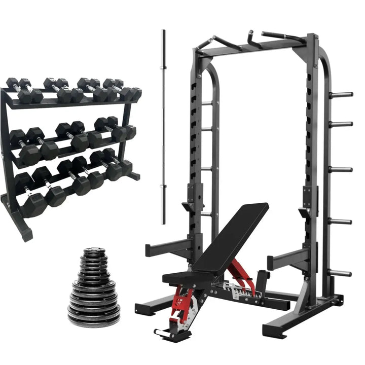 Select Fitness Commercial Half Rack Bundle Select Fitness SF Half Rack + 300lb Plate Set + Barbell + SF FIB-5 Adjustable Bench + Pro 3-Tier Dumbbell Rack + 5-50lb Dumbbell set