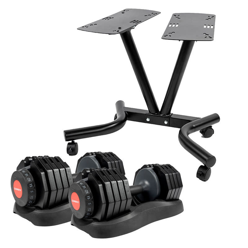 The Strength Set: 50lb Adjustable Dumbbells with Stand Weights CoreFX   
